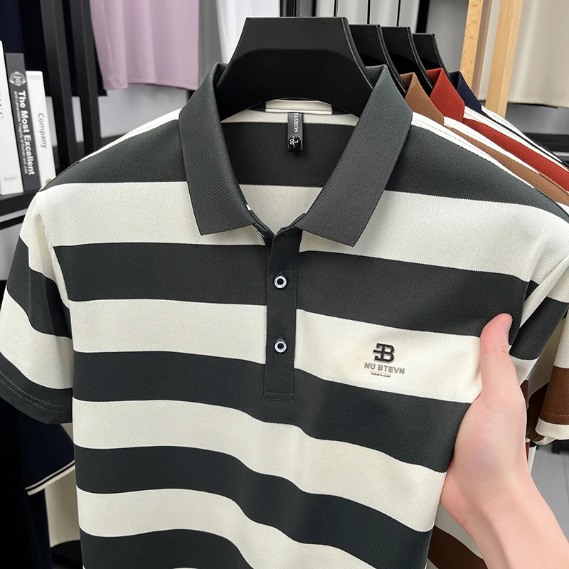 Men's Golf Polo Shirt with Collar, Short Sleeves and Wide Stripes – Breathable Summer Casual Business T-shirt