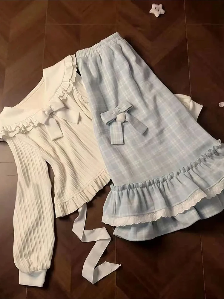

Blue Plaid Short Shirt And High Waist Lantern Sleeve Doll Collar Top And Skirt Set Women's Fashion Autumn Winter New Arrival