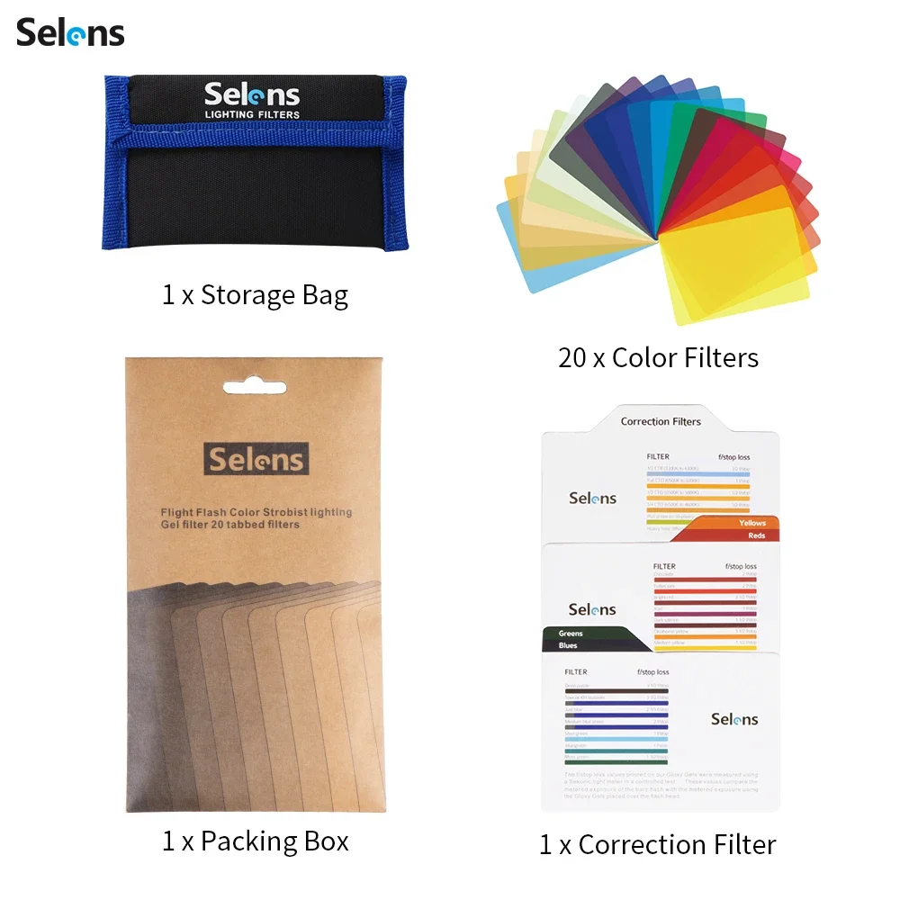 Selens 20pcs Color Lighting Gel Filters For AL-01 Film Transparent Color Correction Balance Lighting Filter Kit With Store Bag