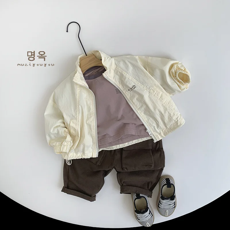 2024 Autumn New Children Loose Vintage Long Sleeve Coat Boys Casual Zipper Jacket Baby Girls Versatile Letter Tops Kids Clothes