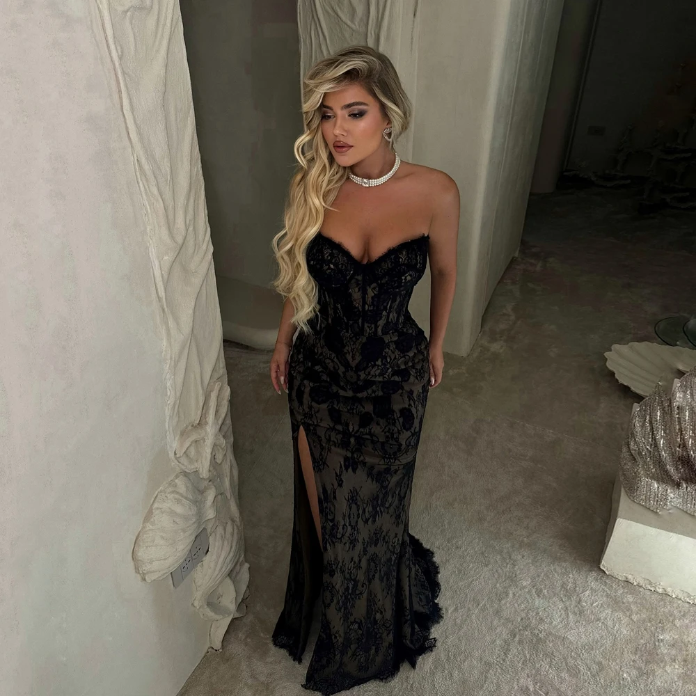 

Dubai Black Lace Prom Dress Applique Sweetheart Mermaid vestidos de noiva Customized Elegant Side Split Formal Evening Gowns