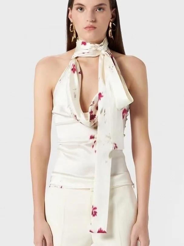 

Pure Desire Floral Print Color Blo Satin Ne Hanging Sa Vest Sexy Spaghetti Strap Slim Fit Bridesmaid Top for Women