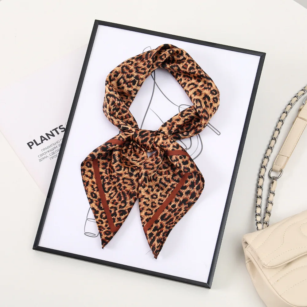 Retro Leopard Print 70CM Faux Silk Scarf Fashionable and Versatile Polka Dot Brown Bag Scarf
