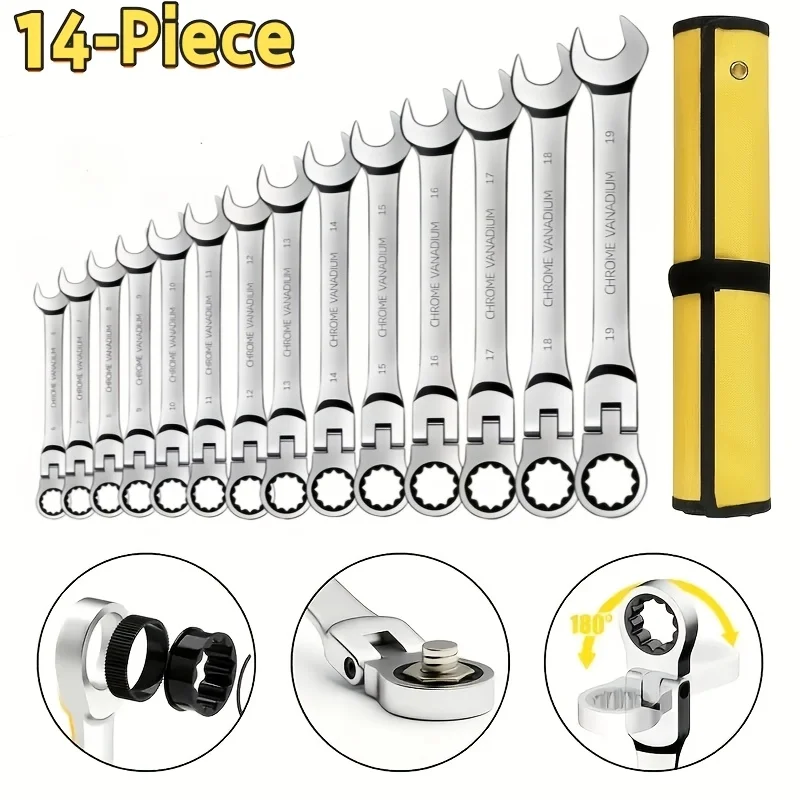 

14pcs Ratchet Wrench Set, Elastic Head Ratchet Wrench Set, Metric, 6-19mm, 72-tooth Ratchet, Cr-V Steel Forged Ratchet Wrench Set With Storage Bag, Suitable For Home/car/machinery, Etc. The Best Gift For Christmas And Halloween.
