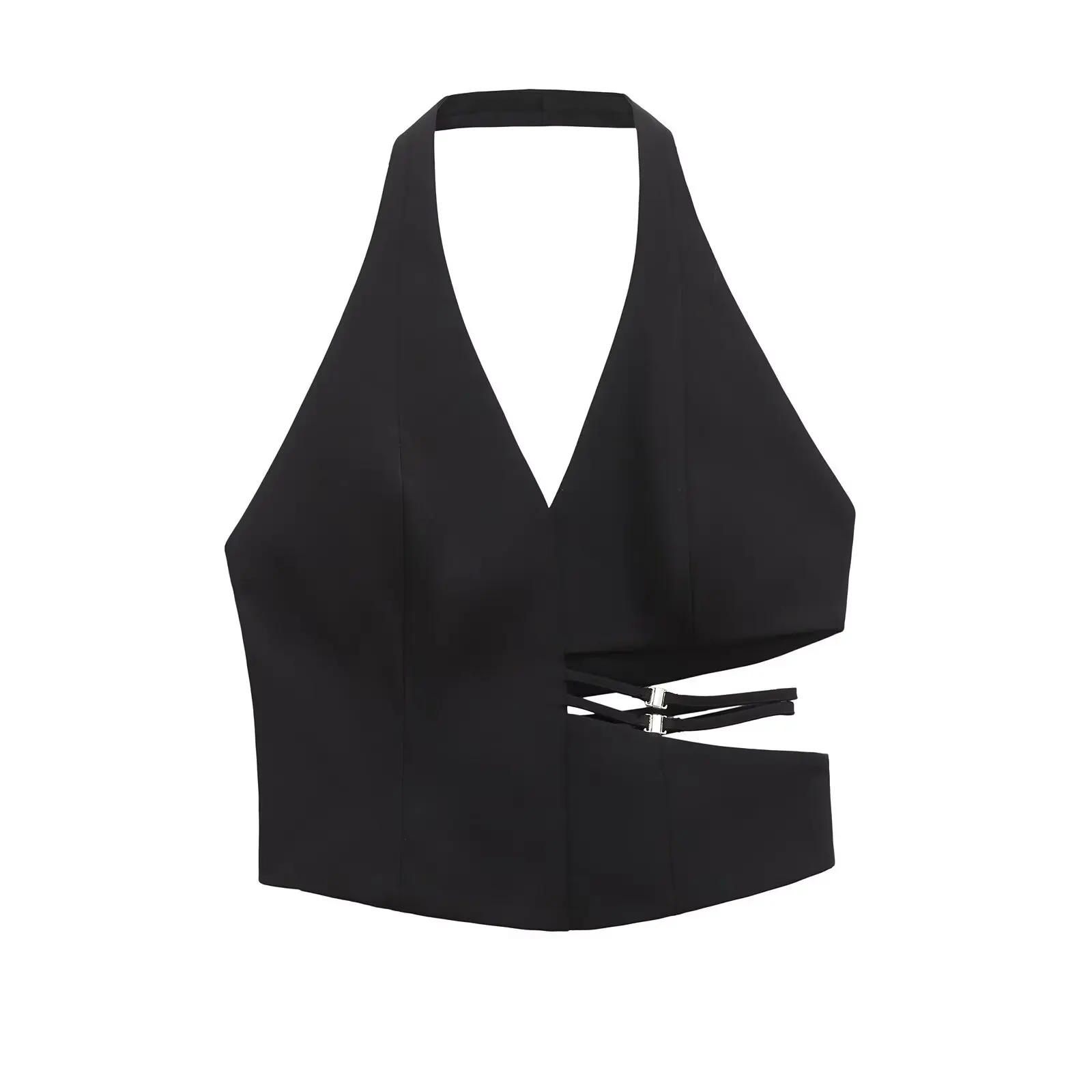 

PB&ZA Women's Halter - neck V - cut Cropped Top with Cut - out Detail and Metal Buckle for Summer for a Bold and Trendy Look
