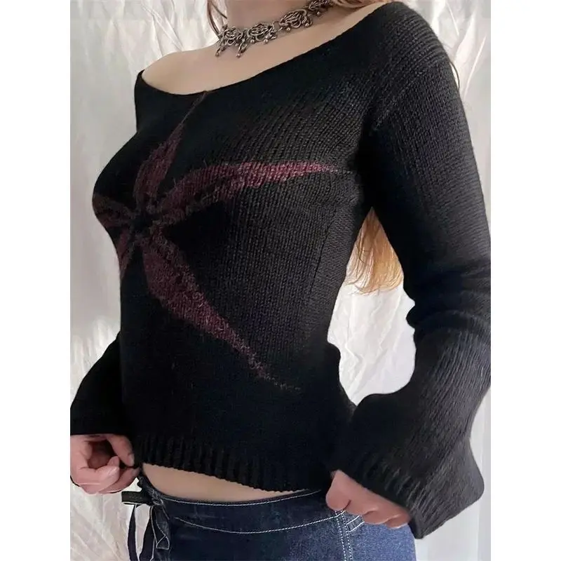 

Женский облегающий вязаный свитер с открытыми плечами и абстрактным принтом, с длинными рукавами, модный повседневный стиль для осеннего сезона