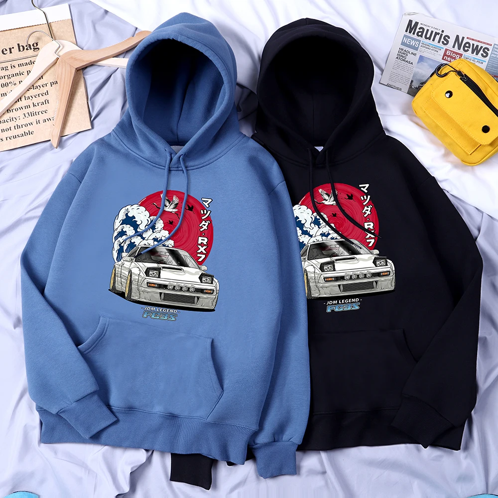 Japanese Car Waves Crane Red Sun Print Man Hoody Oversize Warm Sweatershirt Warm Casual Pullover Casual Oversize Male Clothes