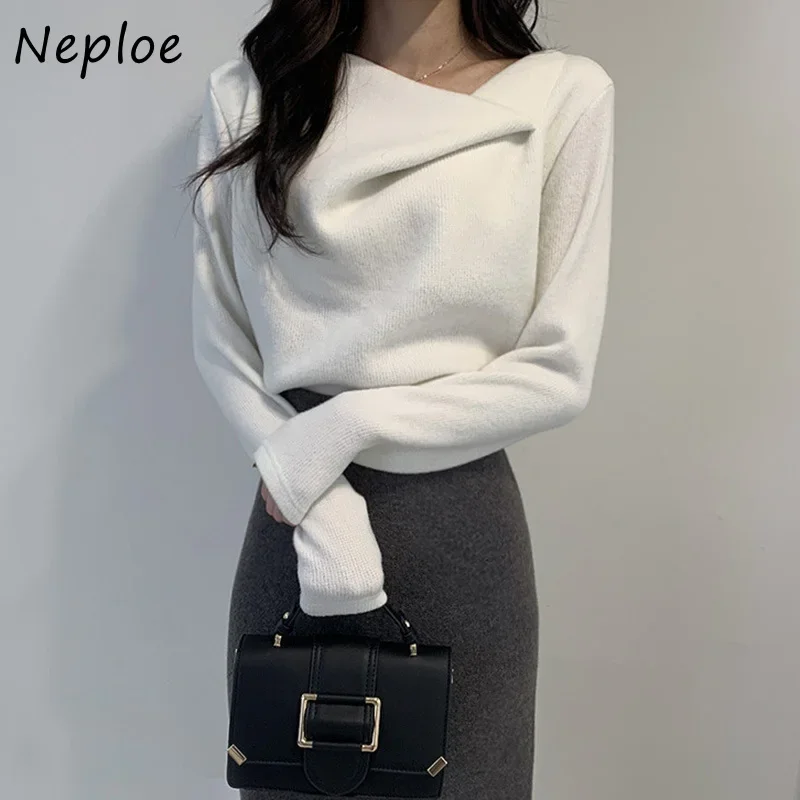 Neploe Skew Collar maglione lavorato a maglia irregolare donna Chic autunno inverno elegante pullover Femme tinta unita semplici top All-match