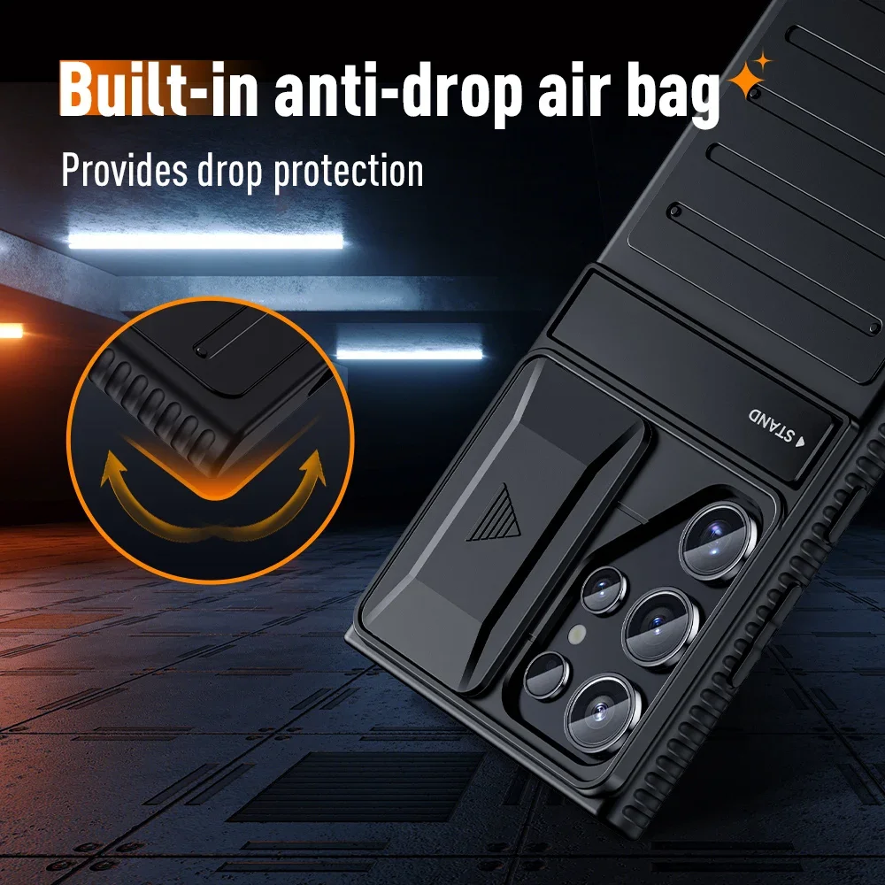 for Samsung Galaxy S24-Ultra Case with Slide Camera Protector Full-Body Shockproof Dual Layer Rugged Light Armor Stand Cover