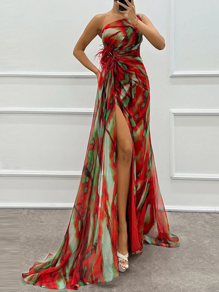 Skew Collar Fashion Printed Party Dress, Women Summer Sleeveless Patchwork Simple Maxi Dress, 2024 Backless Elegant Ladies Dress