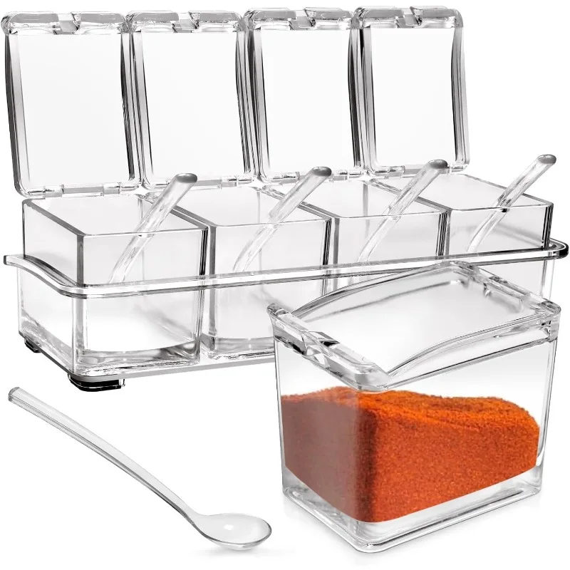 

4-Cell Clear Seasoning Rack Spice Box, Storage Container Condiment Jars Acrylic Seasoning Box with Cover and Spoon (Enhanced Ver