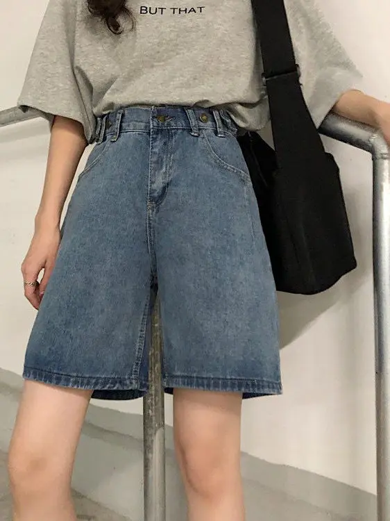 

High Waist Wide Leg Five-Quarter Shorts Women's plus Size Pear Shape Body Summer Casual Loose Straight Jeans Commute Style