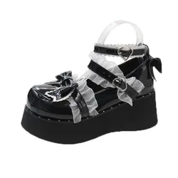 Japanese Kawaii Punk Goth Chunky Platform Pumps Women Bowtie Wedges Mary Jane Lolita Shoes Woman Heart Ankle Buckle Black Shoes