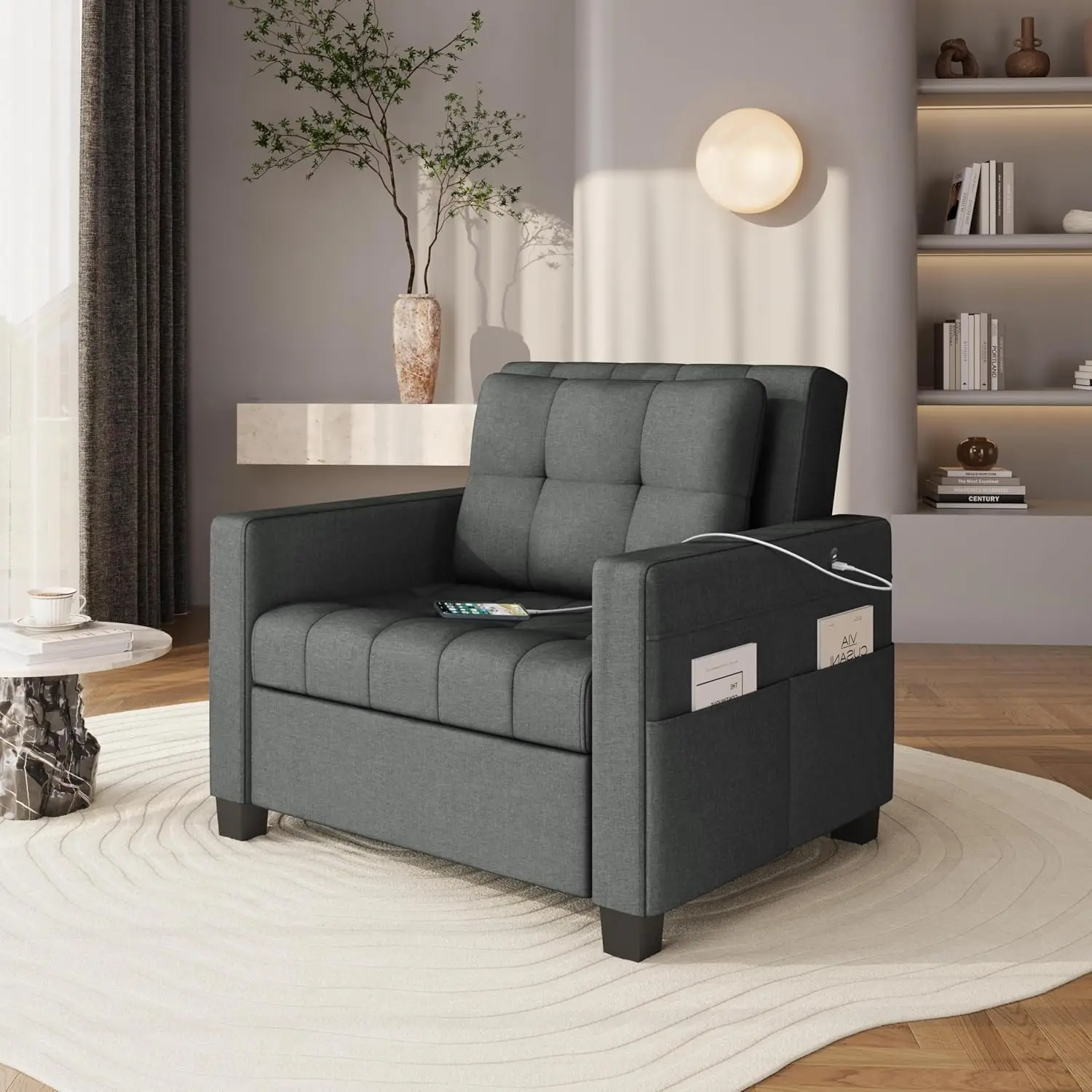 Sleeper Chair Convertible Bed with USB Ports & Side Pocket, Dark Gray, Customized