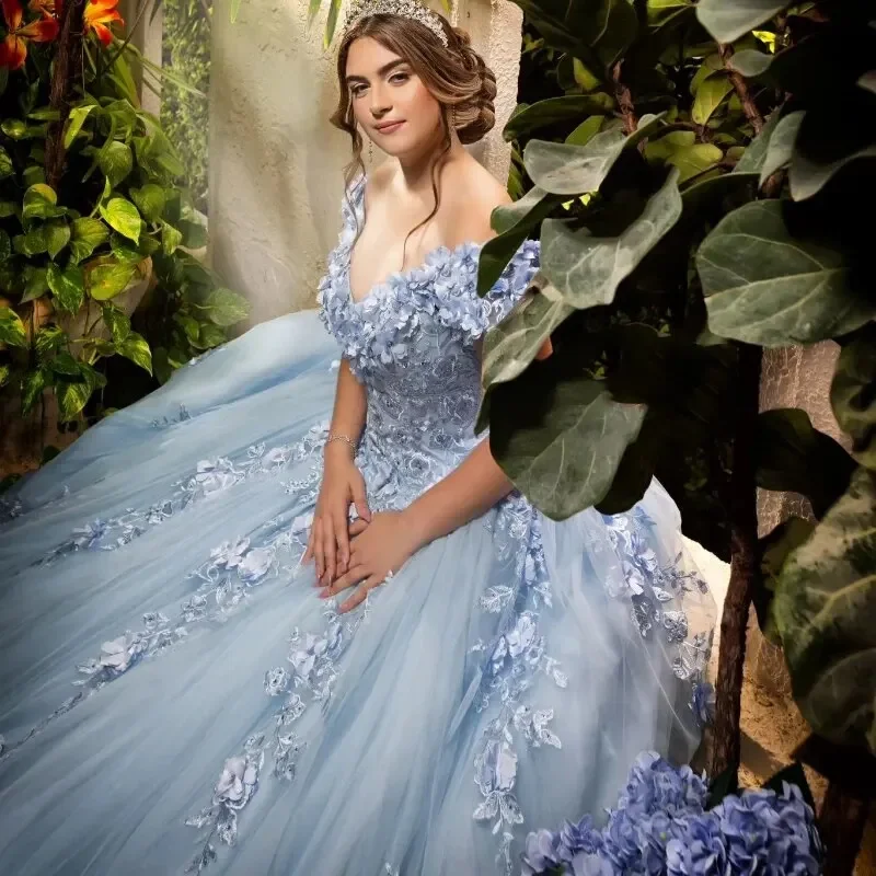 Angelsbridep 3D ดอกไม้ Sky Blue Quinceanera ชุด V คอบอลชุด Appliques ลูกไม้ดอกไม้ Vestido De 15 Anos ที่กําหนดเอง