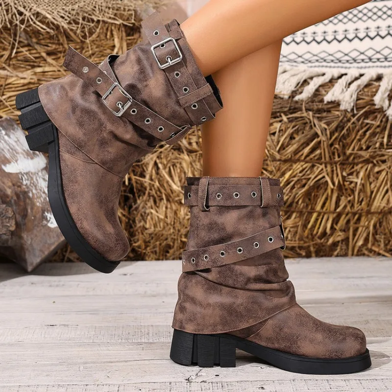 2026 Luxury New Trend Autumn/Winter Mid Length Women's Boots with Retro Style Round Head Belt Buckle