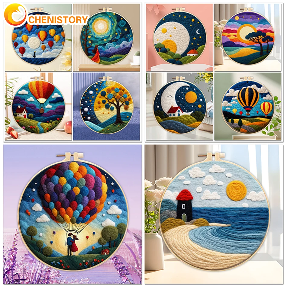 

CHENISTORY Wool Felting Painting Kit Scenery Funny Diy Felt Crafts Package Felt Needle For Handwork Home Decoration Gift