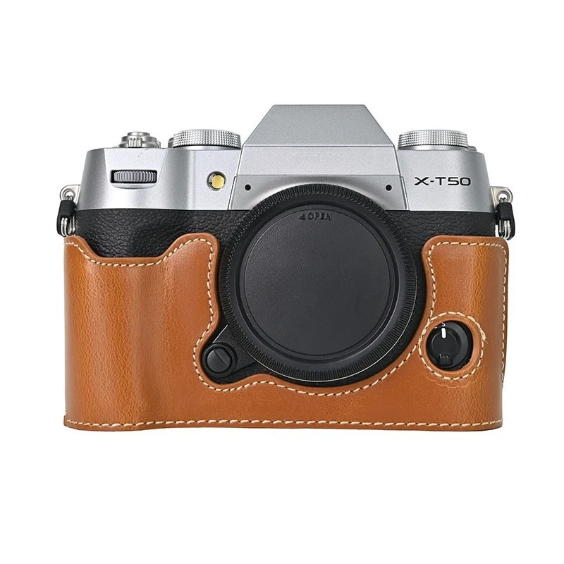 Pu Leather Camera Bag Case Half Body For Fujifilm XT50 X-T50 protective case cover, Leather case bag + free tempered film