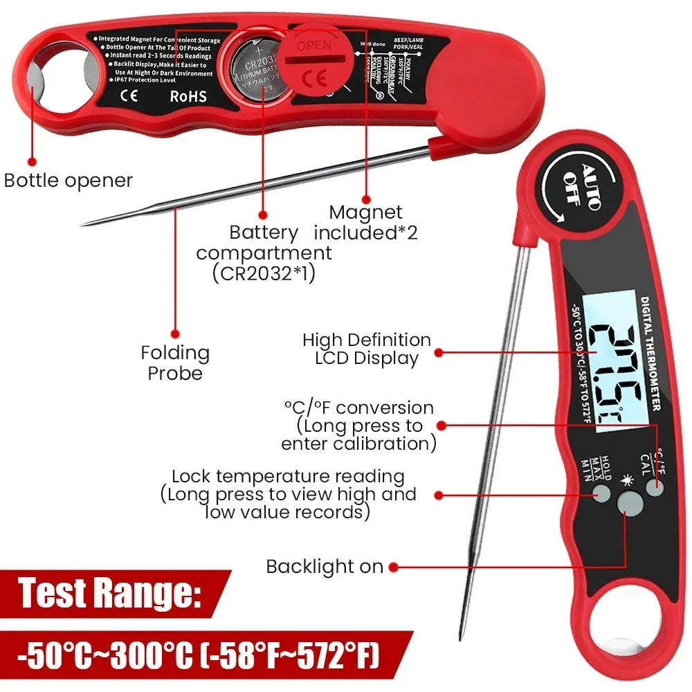 Foldable Portable Digital Food Thermometer Meat Water Milk Cooking Probe Barbecue Electronic Oven Waterproof Kitchen Thermometer