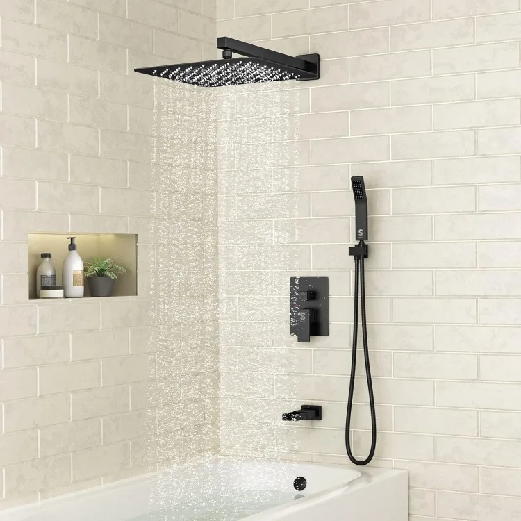 12 Inches Bathtub Shower Faucet Set All Metal Shower System with Tub Spout 1.8GPM Square Shower Head and Handheld Sprayer