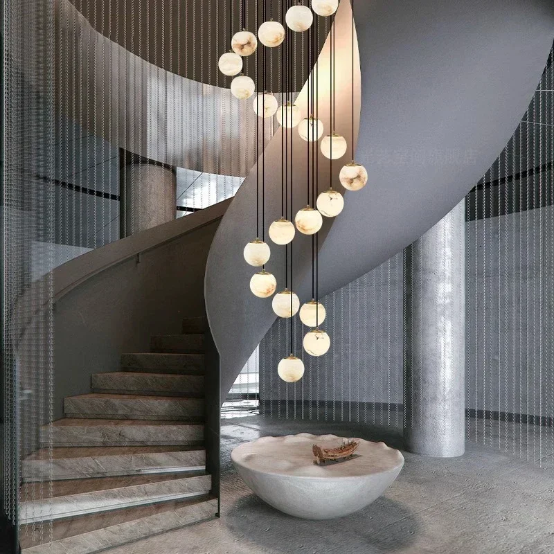 Marble Long Pendant Lamp New Chinese Nordic Staircase Light for Duplex Villa Living Room, Brass Craft 90-260V Home Decor Light