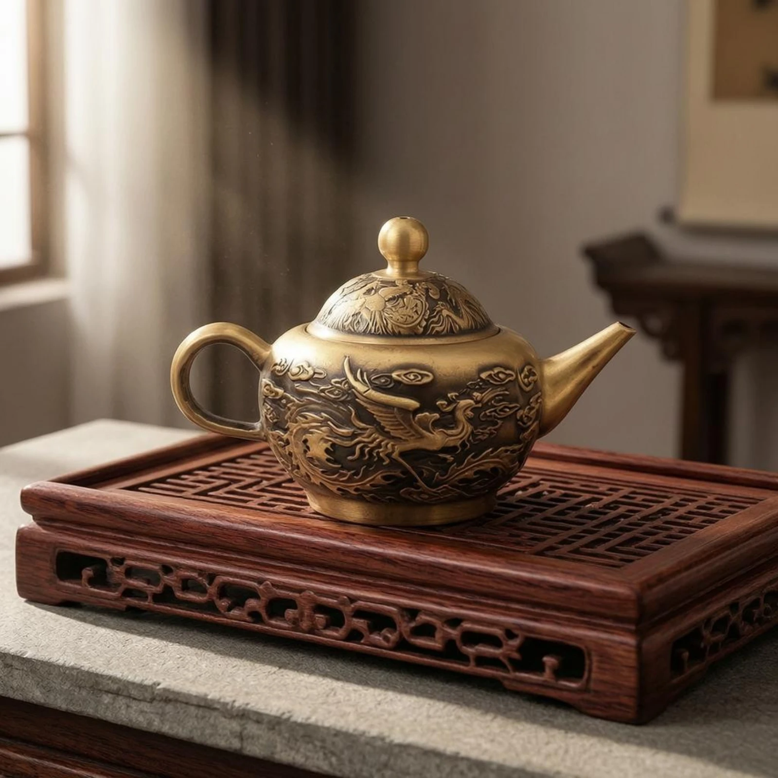 Traditional Antique Style Brass Teapot Ornament Compact Size Curved Handle Phoenix Dragon Decorative Figurine for Shelf Accent
