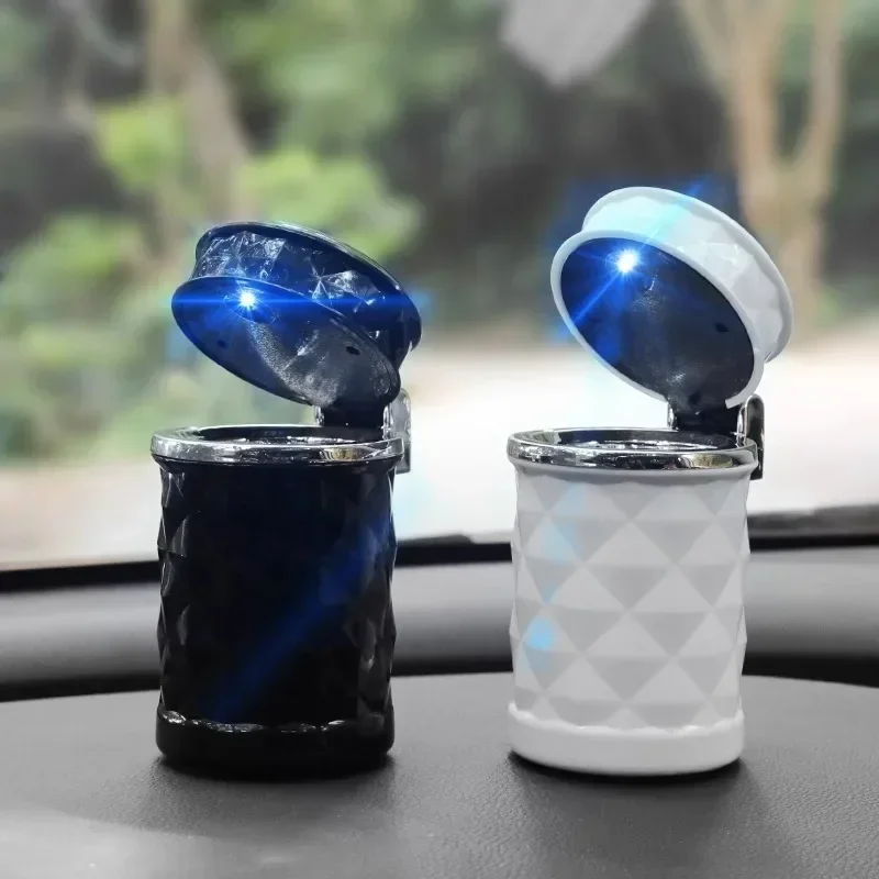New Small Car Caravan, Auto Ashtray With LED Light Mini Car Trash Can Portable Lid For Car Cup Holder Home Office And Travel