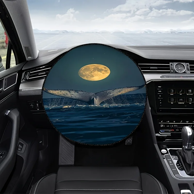A Moonlight Whale Tail Themed Image, Creatively Designed Sunshade For The Steering Wheel, Enhances The Nighttime Driving Atmosph