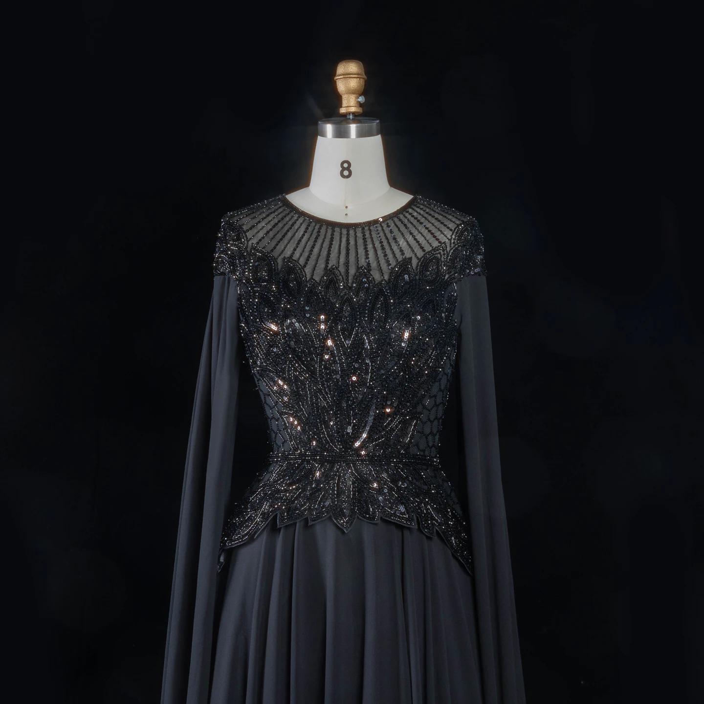 Sharon Said Abendkleider Glamouröses Schwarzes Chiffon-Paillettenkleid mit Perlen und Cape-Ärmeln Luxuriöses Dubai-Formelles Partykleid SS104 Maßanfertigung – Detail 12