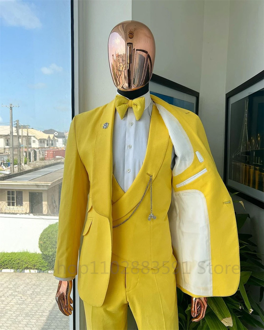 Fashion Male Suit Slim Fit Yellow Shawl Lapel Elegant Formal 3 Pieces Best Man Wedding Tuxedo (Blazer+Vest+Pants) Costume Homme