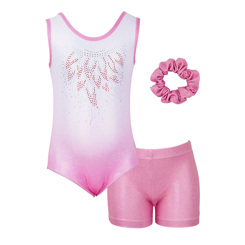 Three-piece Set Girls Sleeveless Gymnastics Leotards with Shorts and Scrunchies Dancewear Gym Training Leotard