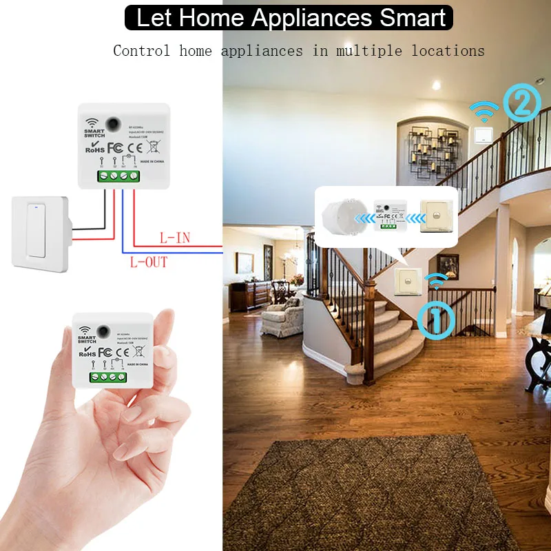 433 Mhz bezprzewodowy inteligentny włącznik światła bez neutralnego Mini Moudle AC 220V 110V 150W przekaźnik odbiorczy zdalny wł. Wył. Do lampy Led