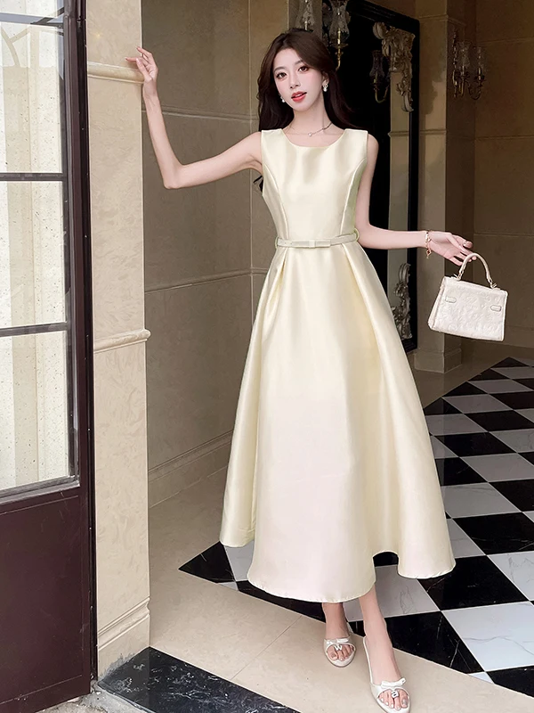 فستان طويل على طراز هيبورن الحلو للنساء وردي بدون أكمام تنورة ماكسي عالية الخصر قماش شفاف ملابس غير رسمية للربيع والصيف #5