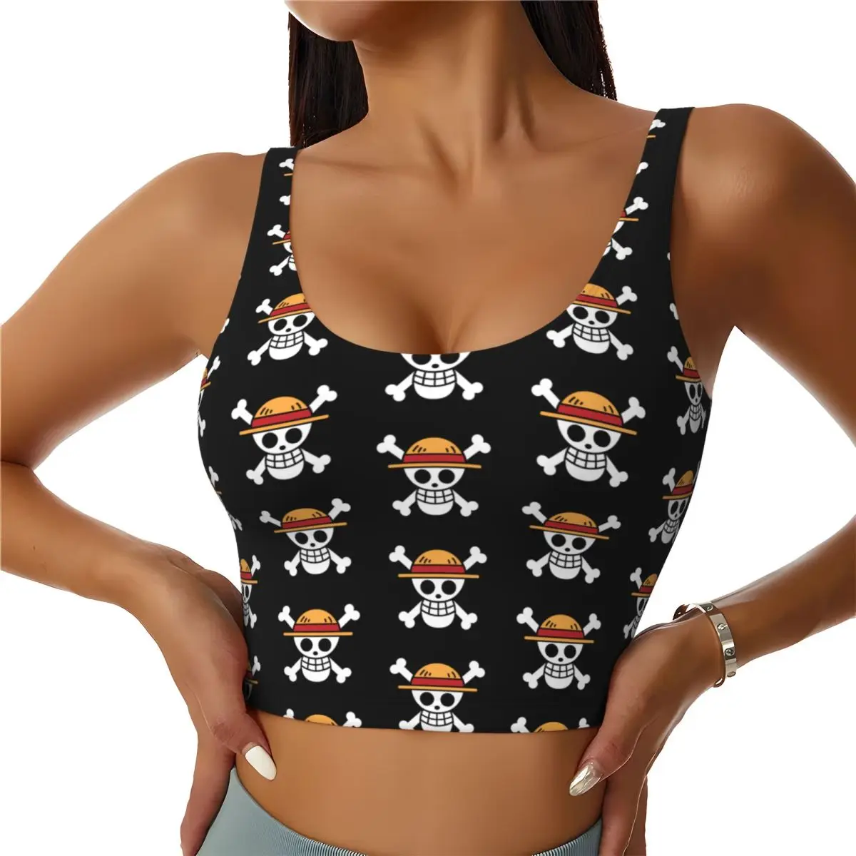 

Custom One Piece Skull Flag Workout Crop Tank Tops Women's Seamless Anime Manga Straw Hat Pirates Running Yoga Sports Bras