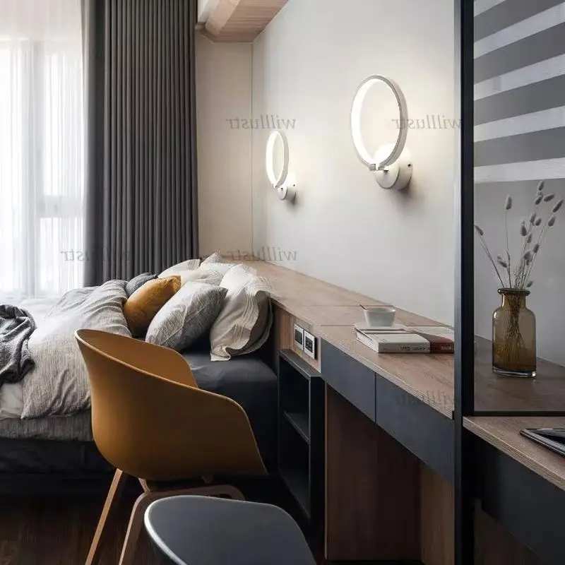 Modern Acrylic LED Wall Lamp Minimalist Metal Ring Sconce for Hotel Cafe Lounge Mall Hallway Aisle Bar Bedside Creative Lighting