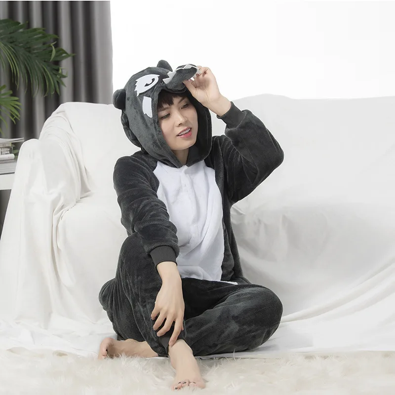 Kigurumi-Pijama Unisex para adultos, traje de dormir de lobo gris, monos de animales, ropa de fiesta Pijamas de una pieza de regalo de Navidad, disfraces de fiesta familiar de Halloween de lana suave de dibujos animado