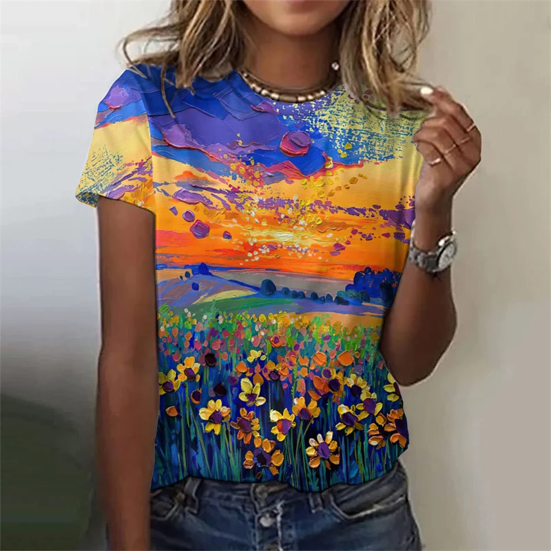 Flower Plants Pattern T-Shirt For Women Colorful Floral 3D Printed Tees Summer Harajuku Street O-Neck Tops Short Sleeve T Shirts