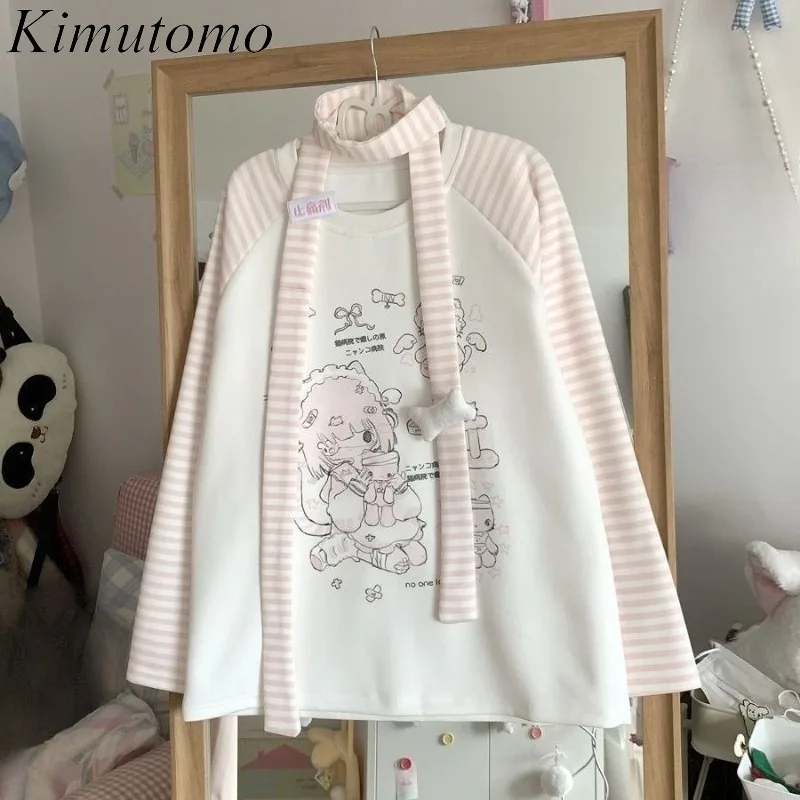 

Kimutomo толстовки женские милые мультяшные кошки в полоску с круглым вырезом и длинными рукавами осенние модные топы Y2k эстетические толстовки в стиле Харадзюку