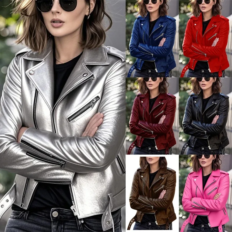 Womens PU Leather Slim Fit Moto Jacket Spring Autumn