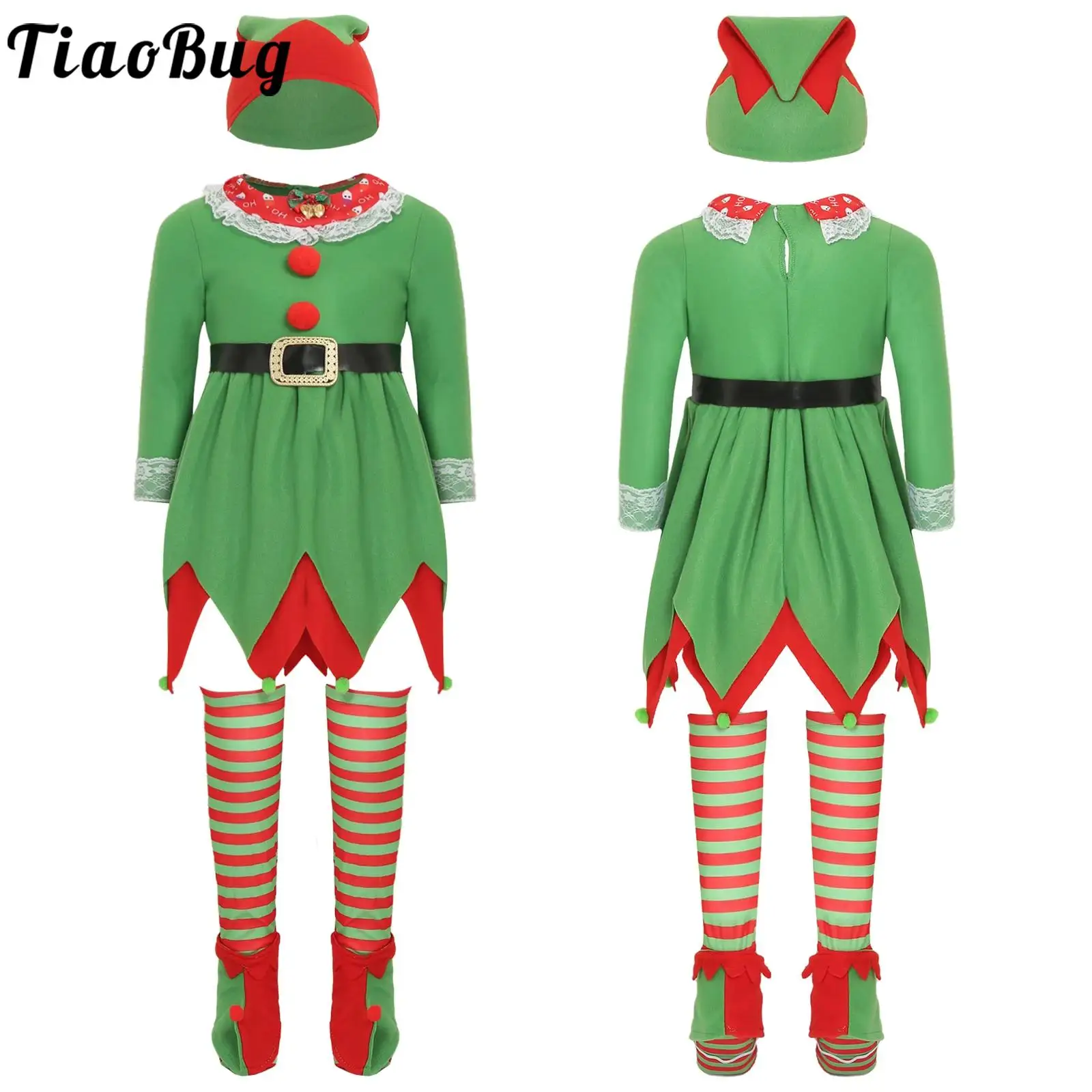 

Boys Girls Christmas 5Pcs Elf Costume Fancy Dress Up Set Bow Long Sleeve Layered Jagged Hem Dress with Elf Hat Sock Shoes Covers