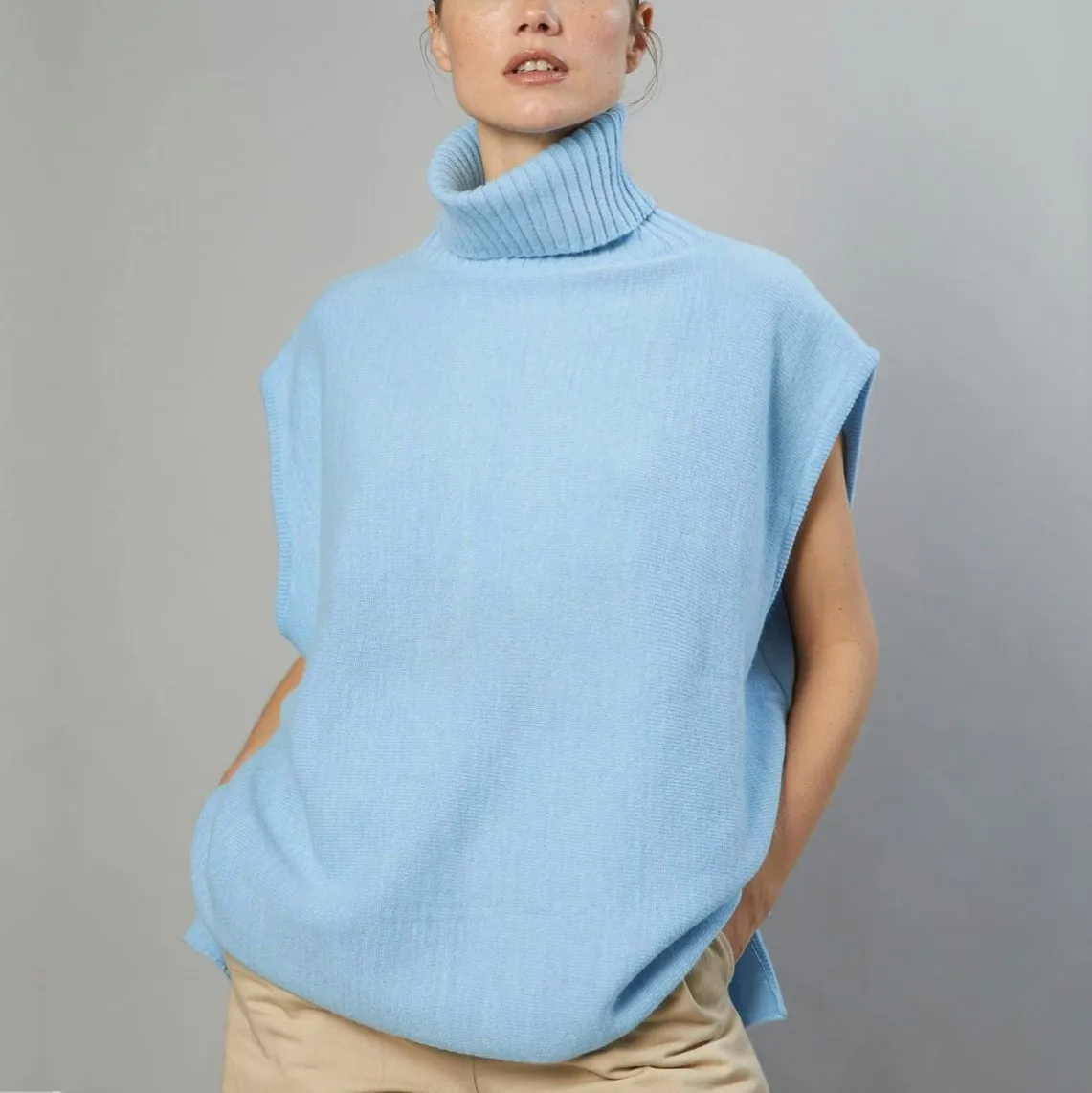 Turtleneck Pullover Knit Women's Sweater Split Hem Sleeveless Oversized Knitwear Tops Female Solid Fashion Streetwear Outwear