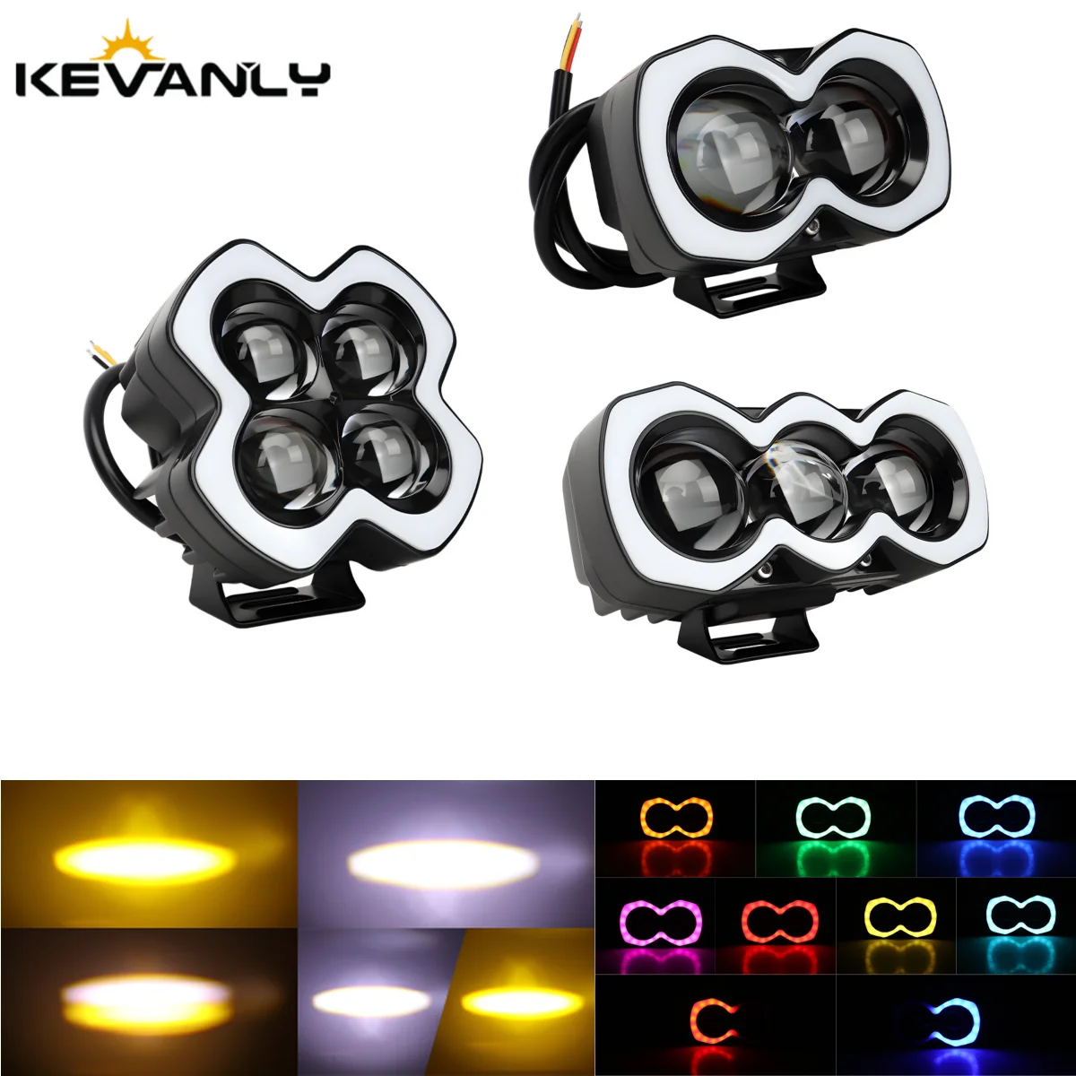 Motorcycle LED 2/3/4 Lens Spotlight High Low Beam Headlight RGB Halo Auxiliary Fog Light Moto Driving Work Lamp Spotlights 12V
