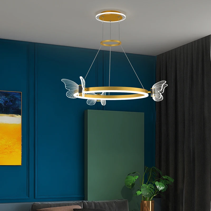 Nordic Pendant Lights Gold Ring Modern Luxury LED Chandelier for Bedroom Living Room Restaurant Acrylic Butterfly Design Lamps