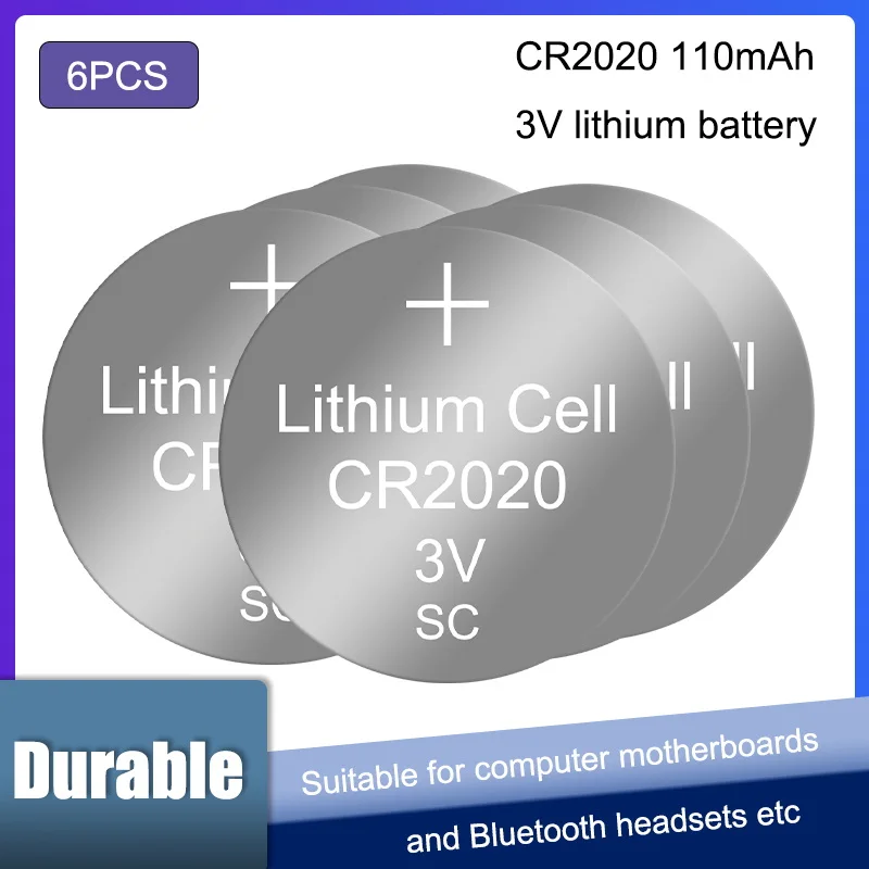 Batería de botón de litio de alta temperatura para reloj, juguetes y calculadora, 3V, CR2020, 2020, 110mAh, 6 piezas