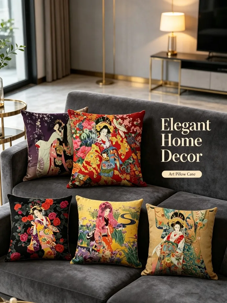 Japanese Ukiyo‑e Geisha Print Throw Pillow Covers Vintage Kimono Lady Art Cushion Case Home Sofa Bedroom Square Decorative Pillo