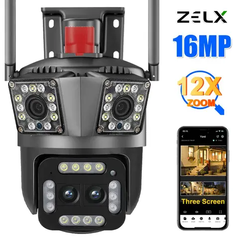 야외 자동 추적 보안 보호 CCTV, 16MP 8K HD 와이파이 카메라, 12X 줌, 4 렌즈, 3 화면, 4K PTZ 비디오 감시