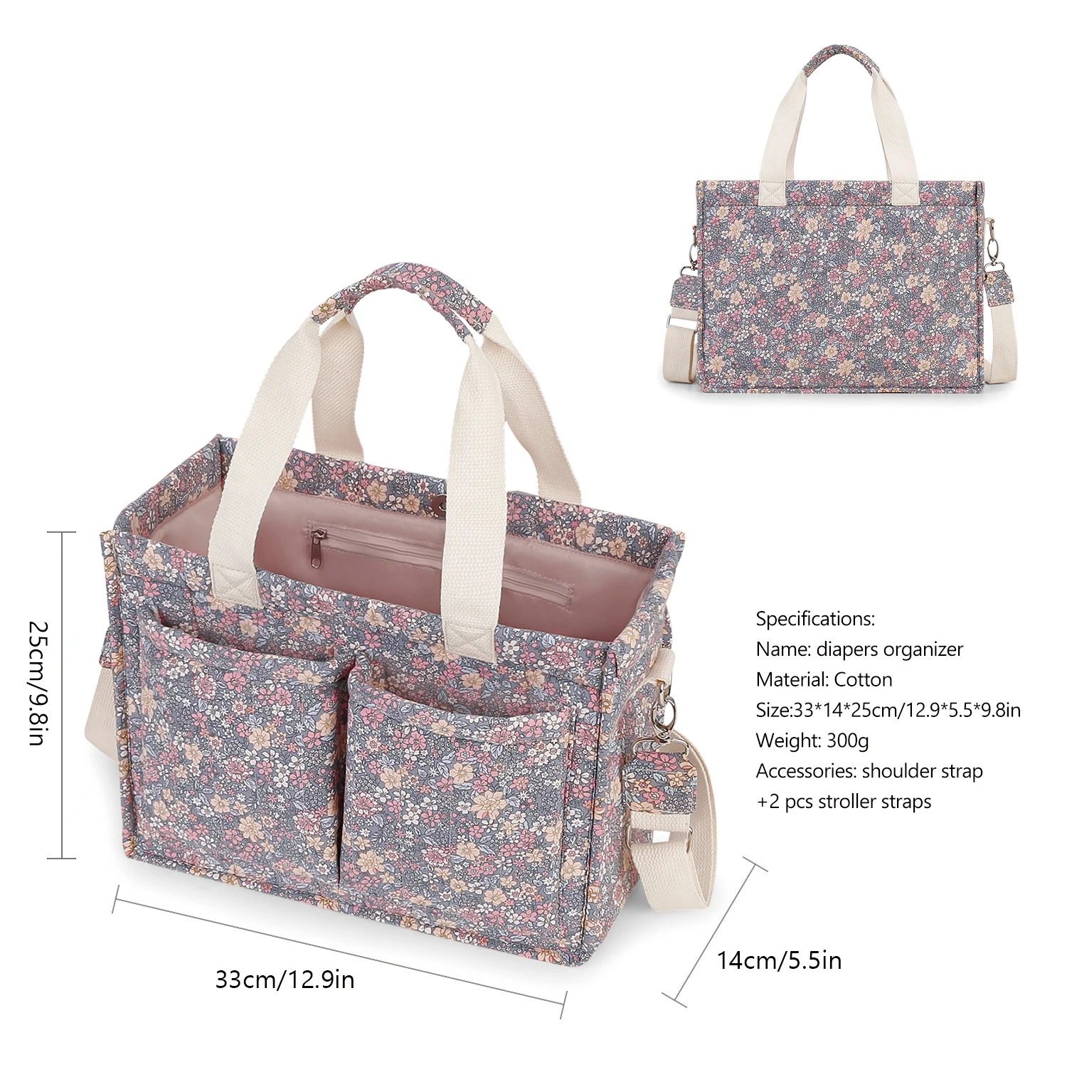 Portable messenger bag multiple pockets and adjustable shoulder strap diaper bag, floral diaper handbag with cart hook