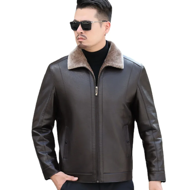 海寧山羊革ジャケット メンズ 本革ジャケット ショートラペル カジュアル ファーとベルベットの厚手コート