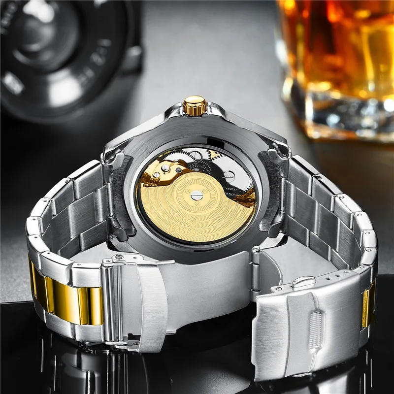 BIDEN Brand Skeleton Blue Golden Automatic Waterproof Stainless Steel Band Luminous Hand Roman Numerals Mechanical Wrist Watch