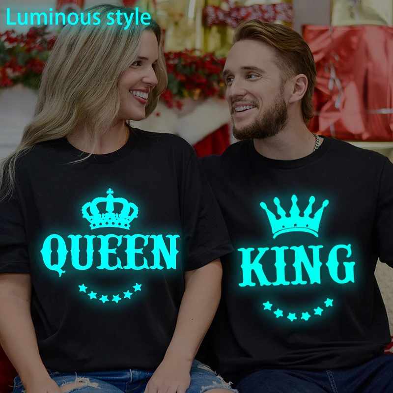 

King Queen Vintage Crown Print Couple Matching Tshirts Classic Anniversary Gifts Tees Short Sleeve Women Men Luminous Style Tops